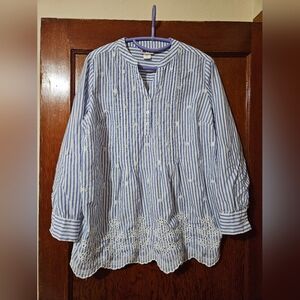 American Sweetheart Long Sleeve White & Blue Striped Embroidered Blouse Size M